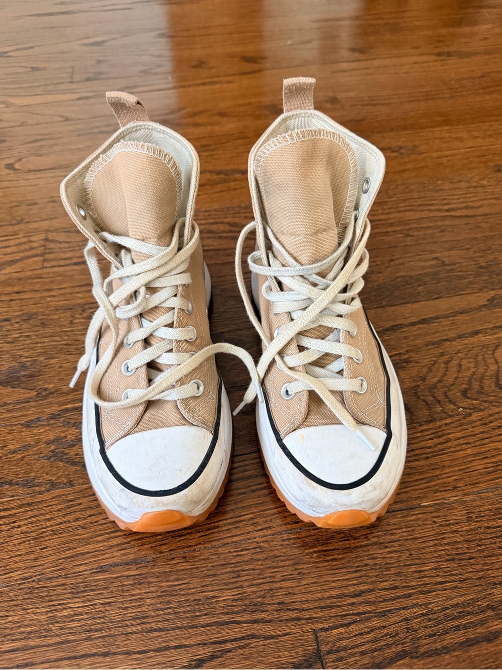 Converse Beige High-Top Canvas Sneakers with Orange Sole